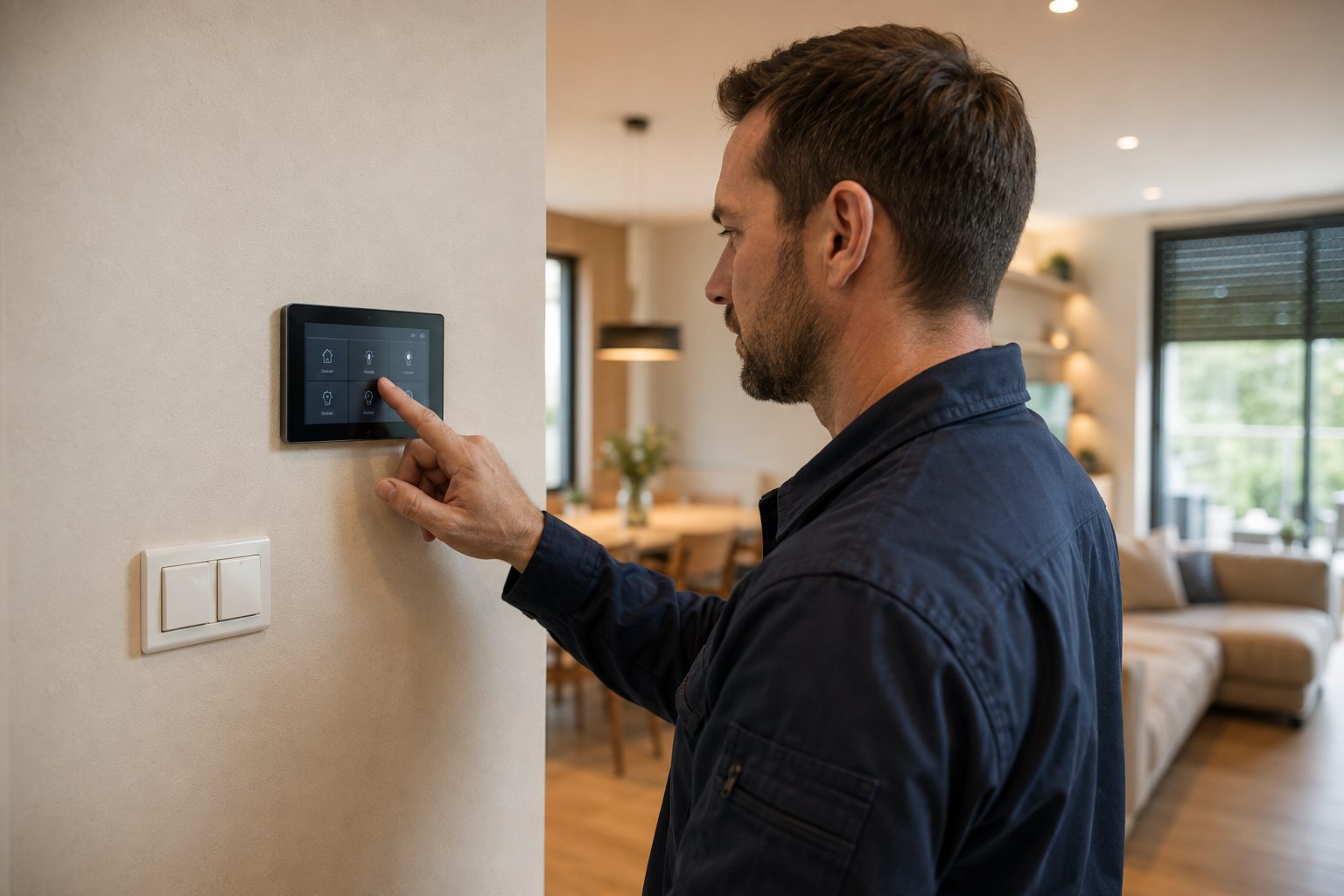 Elektricien stelt een wandpaneel voor slimme woningbediening in