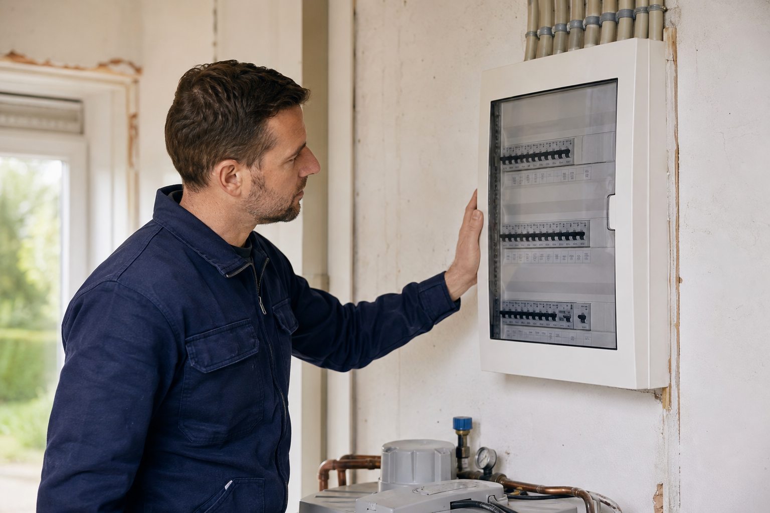 Elektricien controleert een moderne zekeringkast in een woning