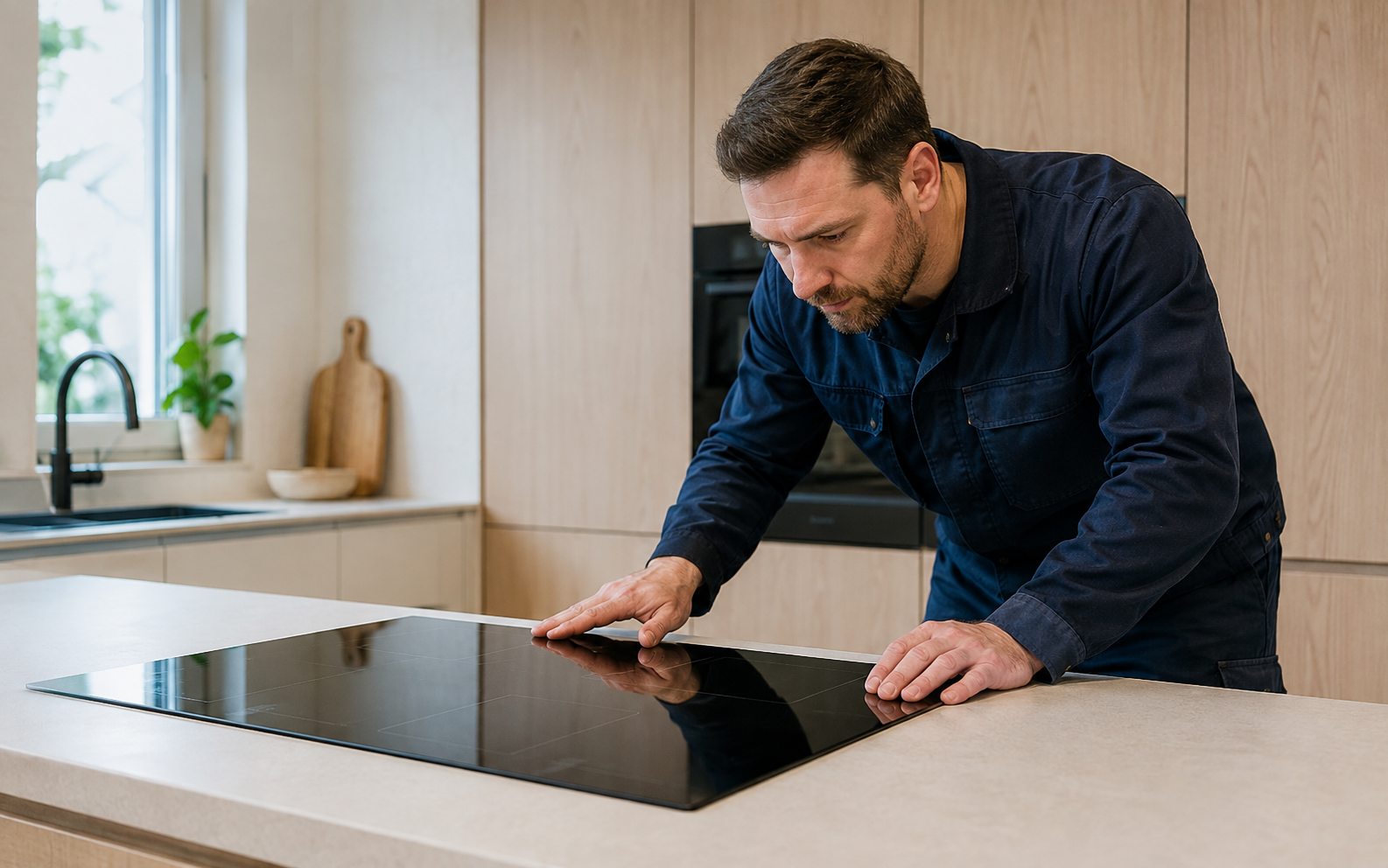 Elektricien controleert een ingebouwde inductiekookplaat in een keuken